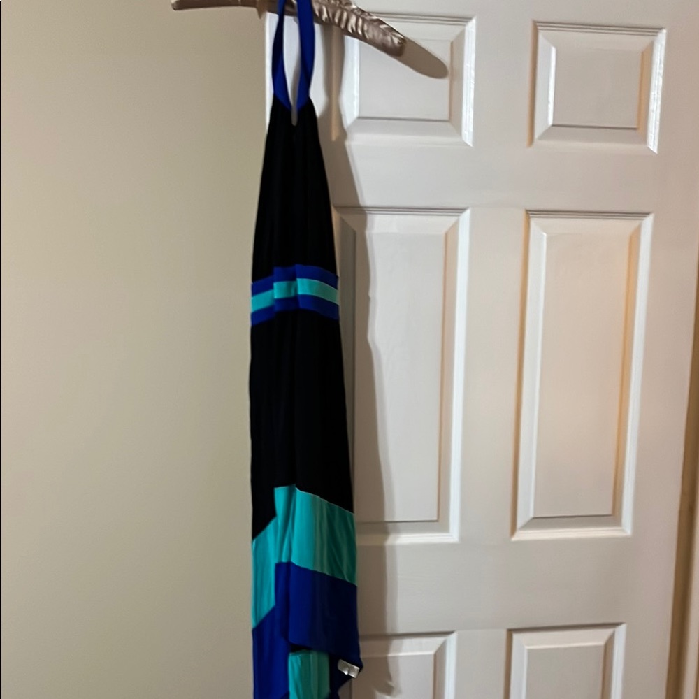 Black and Blue Colorblock Halter Dress